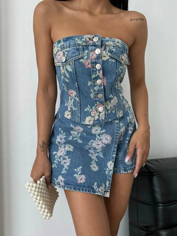 Floral Print Strapless Top and Skort Denim Set - THE AMERICAN BLUE