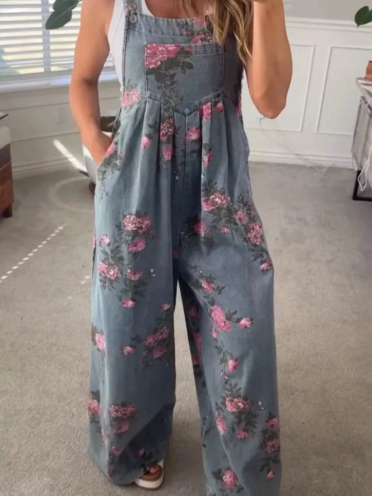 Floral Print Wide Leg Denim Overalls - THE AMERICAN BLUE
