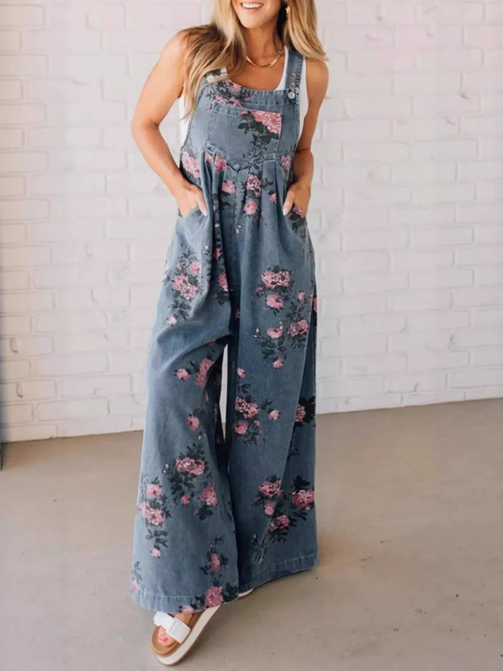 Floral Print Wide Leg Denim Overalls - THE AMERICAN BLUE