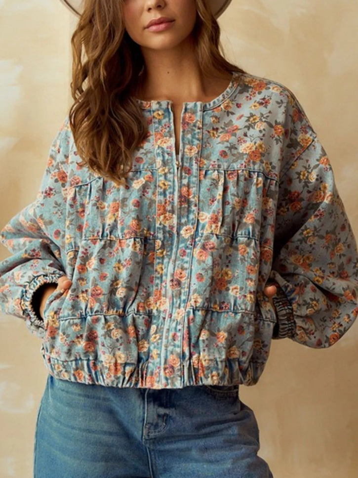Floral Print Zip Up Cropped Denim Jacket - THE AMERICAN BLUE