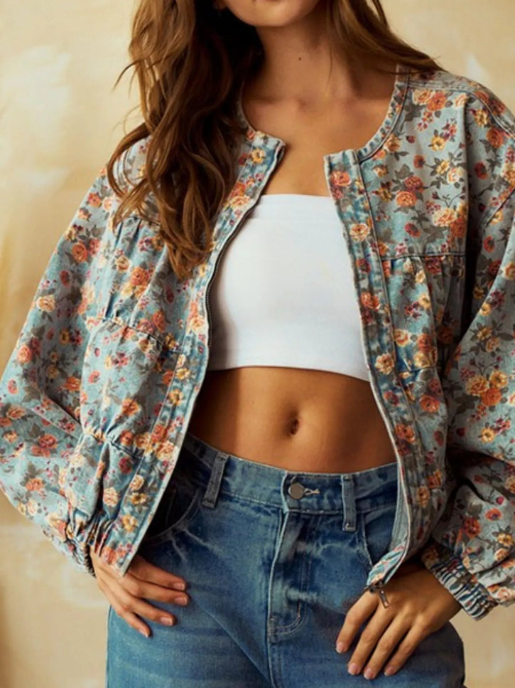 Floral Print Zip Up Cropped Denim Jacket - THE AMERICAN BLUE