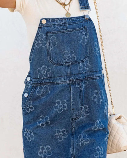 Flower Print Square Neck Denim Overall Dress - THE AMERICAN BLUE