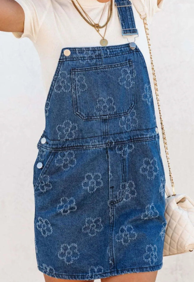 Flower Print Square Neck Denim Overall Dress - THE AMERICAN BLUE