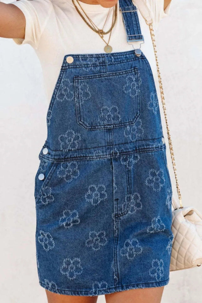 Flower Print Square Neck Denim Overall Dress - THE AMERICAN BLUE
