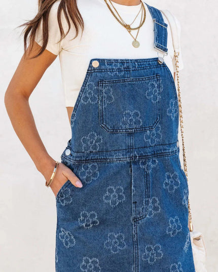 Flower Print Square Neck Denim Overall Dress - THE AMERICAN BLUE
