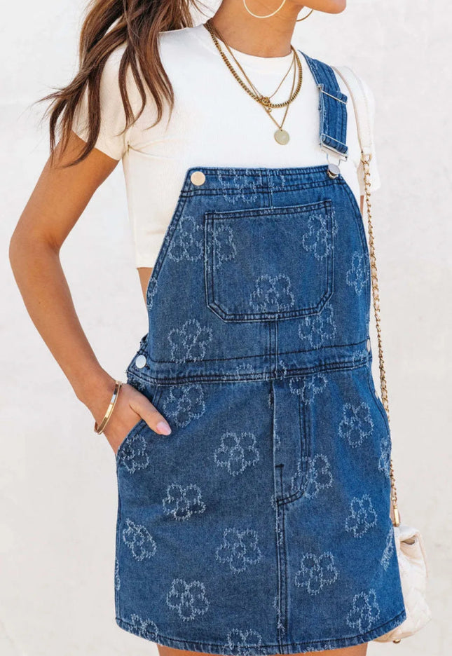 Flower Print Square Neck Denim Overall Dress - THE AMERICAN BLUE