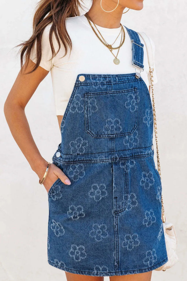 Flower Print Square Neck Denim Overall Dress - THE AMERICAN BLUE