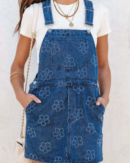 Flower Print Square Neck Denim Overall Dress - THE AMERICAN BLUE