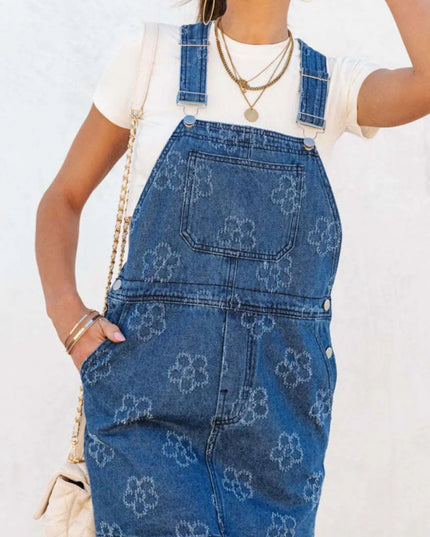 Flower Print Square Neck Denim Overall Dress - THE AMERICAN BLUE