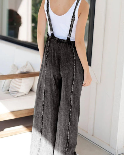 Frayed Exposed Seam Wide Leg Denim Overalls - THE AMERICAN BLUE