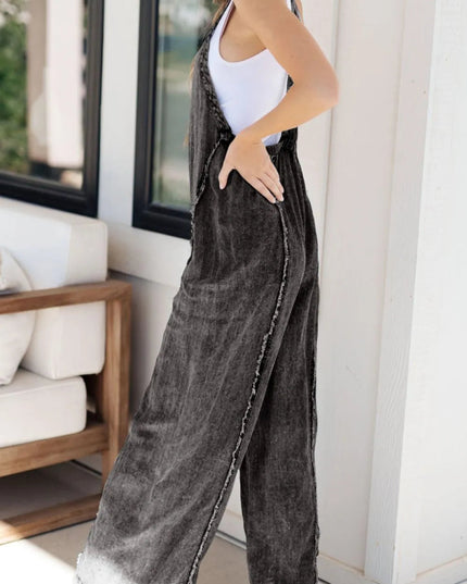 Frayed Exposed Seam Wide Leg Denim Overalls - THE AMERICAN BLUE