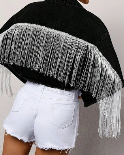 Fringe Button Up Cropped Denim Jacket - THE AMERICAN BLUE
