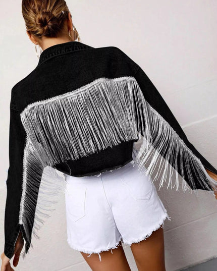 Fringe Button Up Cropped Denim Jacket - THE AMERICAN BLUE