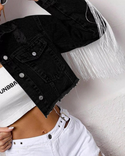 Fringe Button Up Cropped Denim Jacket - THE AMERICAN BLUE