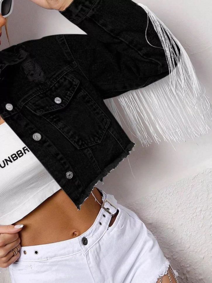 Fringe Button Up Cropped Denim Jacket - THE AMERICAN BLUE