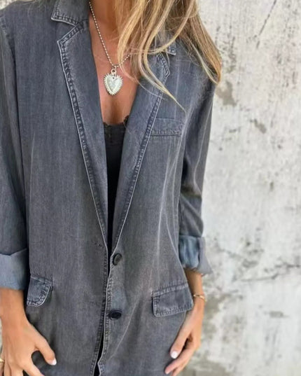 Full Size Button Down Denim Blazer Plus Size - THE AMERICAN BLUE