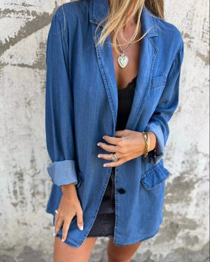 Full Size Button Down Denim Blazer Plus Size - THE AMERICAN BLUE