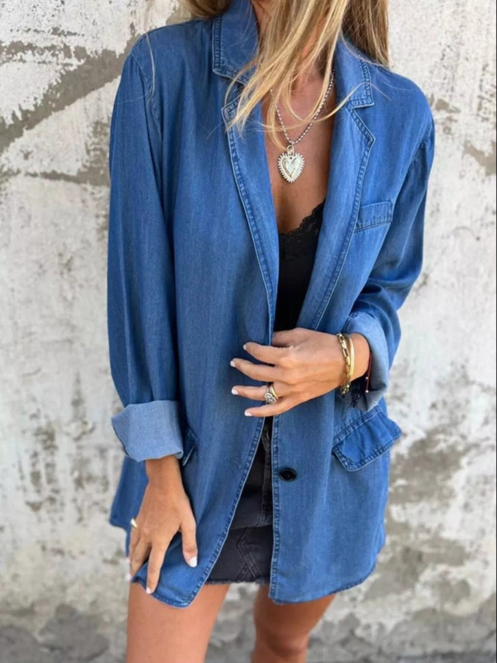 Full Size Button Down Denim Blazer Plus Size - THE AMERICAN BLUE