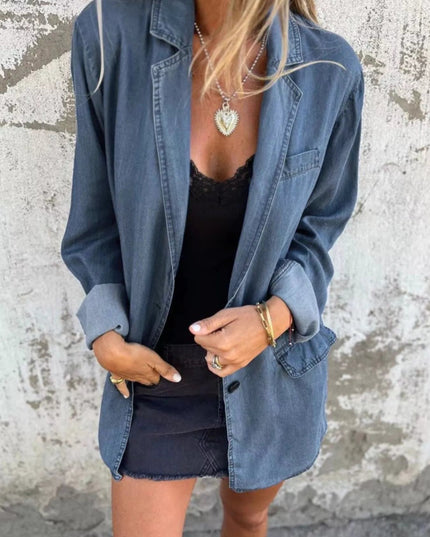 Full Size Button Down Denim Blazer Plus Size - THE AMERICAN BLUE