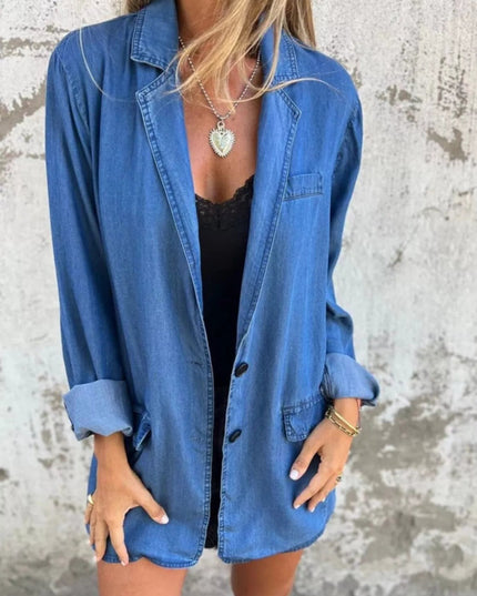Full Size Button Down Denim Blazer Plus Size - THE AMERICAN BLUE