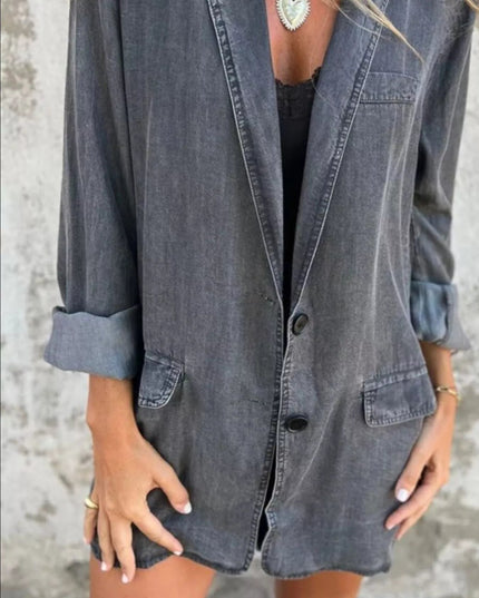Full Size Button Down Denim Blazer Plus Size - THE AMERICAN BLUE