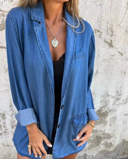 Full Size Button Down Denim Blazer Plus Size - THE AMERICAN BLUE