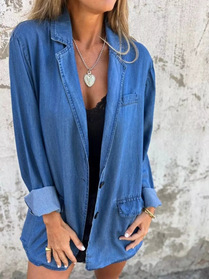 Full Size Button Down Denim Blazer Plus Size - THE AMERICAN BLUE
