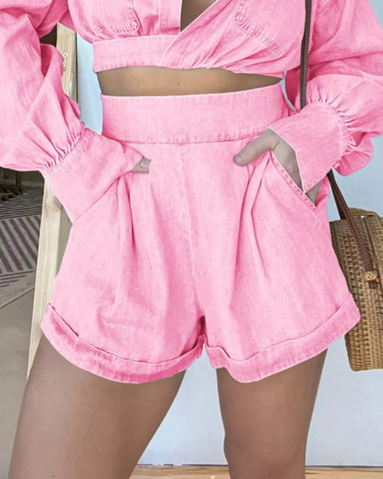 Full Size Long Sleeve Top and Shorts Denim Set Plus Size - THE AMERICAN BLUE