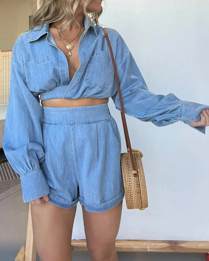 Full Size Long Sleeve Top and Shorts Denim Set Plus Size - THE AMERICAN BLUE