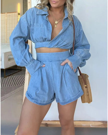 Full Size Long Sleeve Top and Shorts Denim Set Plus Size - THE AMERICAN BLUE