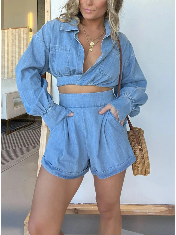 Full Size Long Sleeve Top and Shorts Denim Set Plus Size - THE AMERICAN BLUE