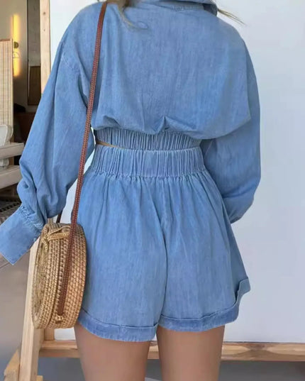 Full Size Long Sleeve Top and Shorts Denim Set Plus Size - THE AMERICAN BLUE