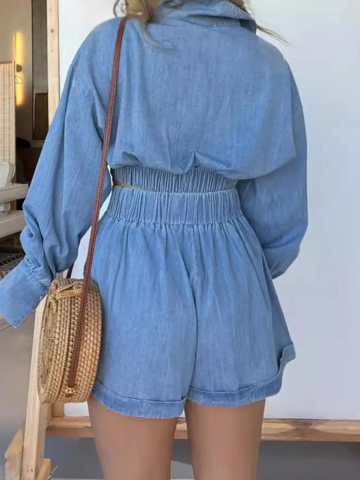 Full Size Long Sleeve Top and Shorts Denim Set Plus Size - THE AMERICAN BLUE
