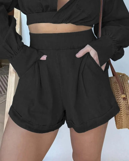 Full Size Long Sleeve Top and Shorts Denim Set Plus Size - THE AMERICAN BLUE