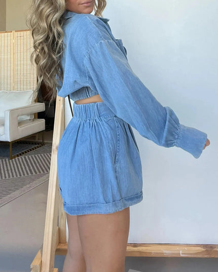 Full Size Long Sleeve Top and Shorts Denim Set Plus Size - THE AMERICAN BLUE