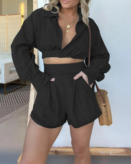 Full Size Long Sleeve Top and Shorts Denim Set Plus Size - THE AMERICAN BLUE