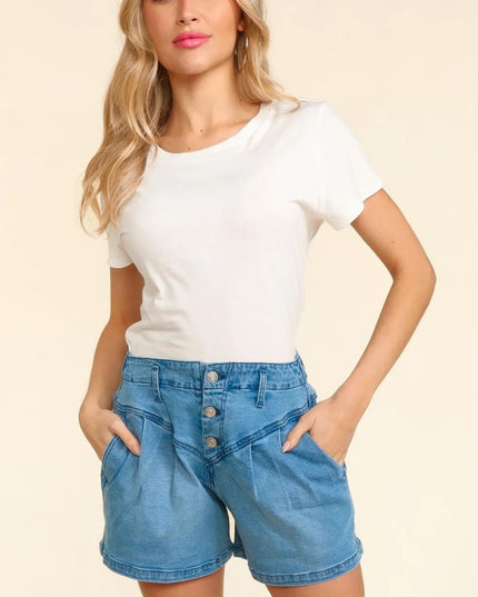 Haptics High Rise Button Fly Washed Denim Shorts - THE AMERICAN BLUE