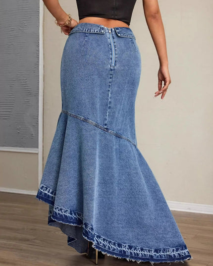 High - Waist Asymmetrical Slit Denim Maxi Mermaid Skirt - THE AMERICAN BLUE
