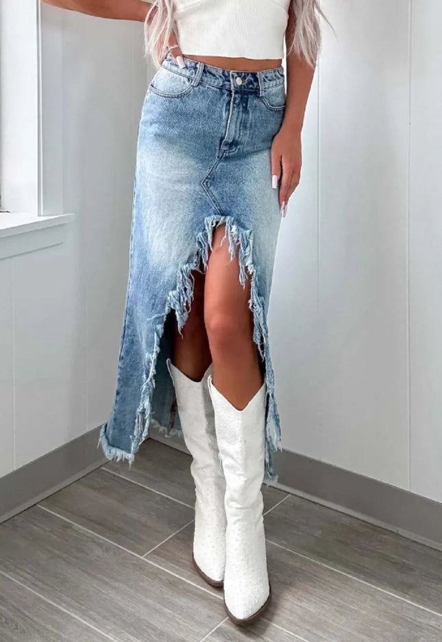 High - Waist Raw Hem Asymmetry Denim Skirt - THE AMERICAN BLUE