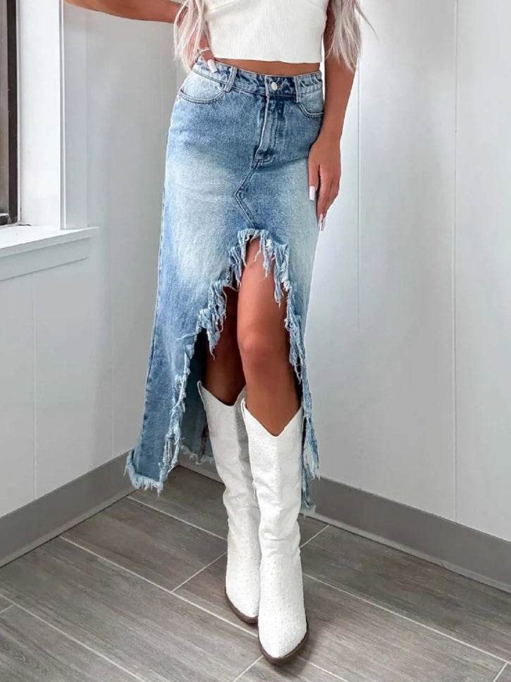 High - Waist Raw Hem Asymmetry Denim Skirt - THE AMERICAN BLUE