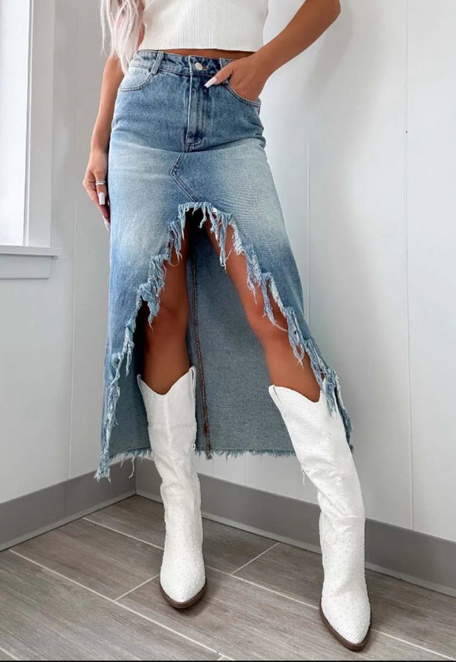 High - Waist Raw Hem Asymmetry Denim Skirt - THE AMERICAN BLUE