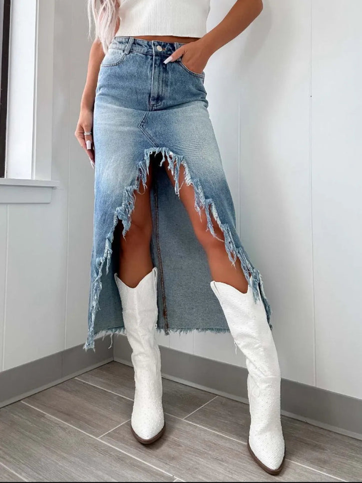 High - Waist Raw Hem Asymmetry Denim Skirt - THE AMERICAN BLUE
