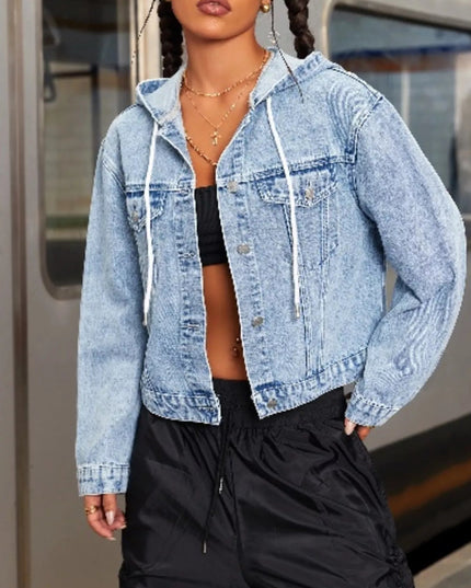 Hooded Drawstring Cropped Denim Jacket - THE AMERICAN BLUE