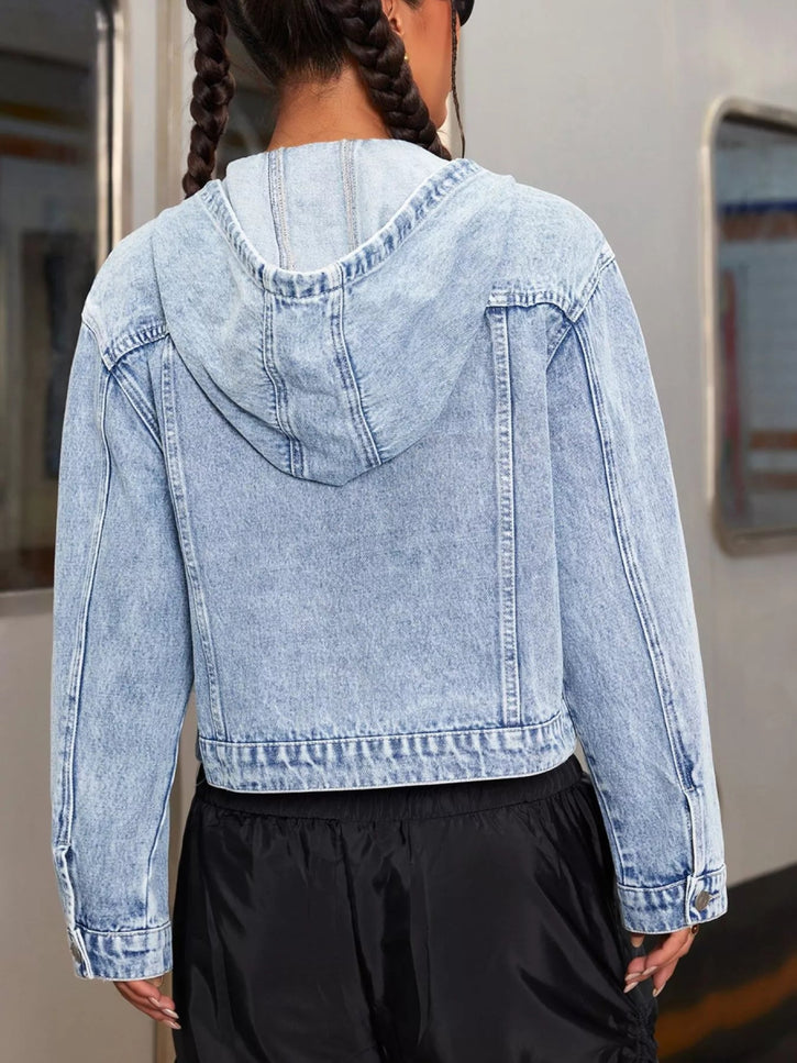 Hooded Drawstring Cropped Denim Jacket - THE AMERICAN BLUE