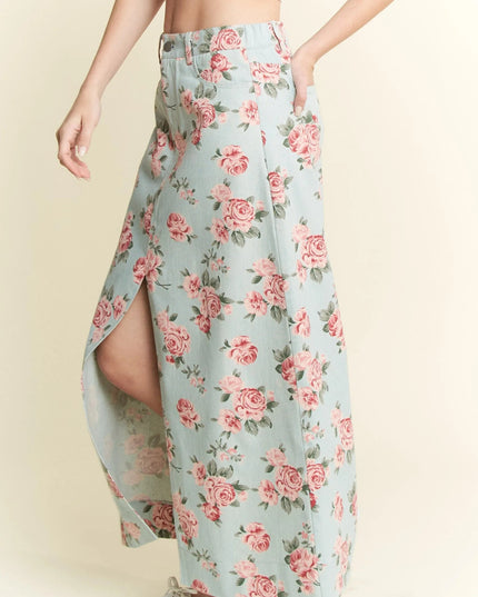 Jade By Jane Full Size Floral Print Front Slit Denim Maxi Skirt Plus Size - THE AMERICAN BLUE