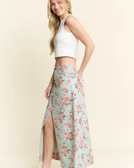 Jade By Jane Full Size Floral Print Front Slit Denim Maxi Skirt Plus Size - THE AMERICAN BLUE