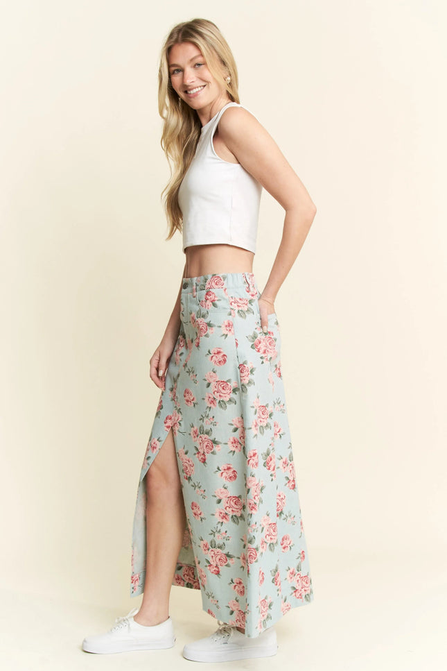 Jade By Jane Full Size Floral Print Front Slit Denim Maxi Skirt Plus Size - THE AMERICAN BLUE