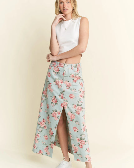 Jade By Jane Full Size Floral Print Front Slit Denim Maxi Skirt Plus Size - THE AMERICAN BLUE