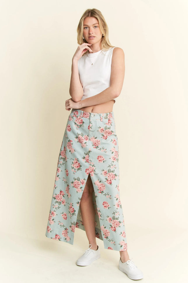 Jade By Jane Full Size Floral Print Front Slit Denim Maxi Skirt Plus Size - THE AMERICAN BLUE