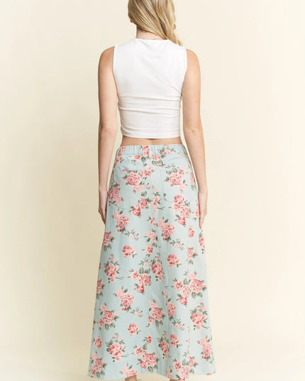 Jade By Jane Full Size Floral Print Front Slit Denim Maxi Skirt Plus Size - THE AMERICAN BLUE